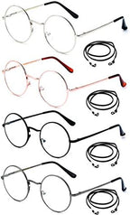 4 Packs Round Reading Glasses with Lanyards Metal Frame Slim Rim Spring Hinge Circle Frame Vintage Reading Glasses +1.50