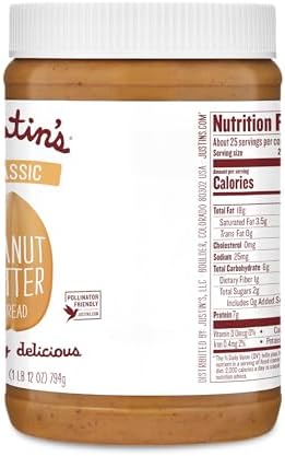 Justin's Classic Peanut Butter Creamy Spread, No Stir, Gluten-Free, 28 Ounce Jar, 1 Pack
