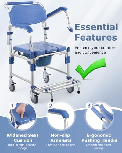 Shower Wheelchair with Drop Arms Lockable Casters, 330lbs Heavy Duty Bedside Commode, Waterproof Aluminum Shower Chair, Anti-Tilt Foldable Footrest, Sponge Padded Seat, for Elderly&Mobility