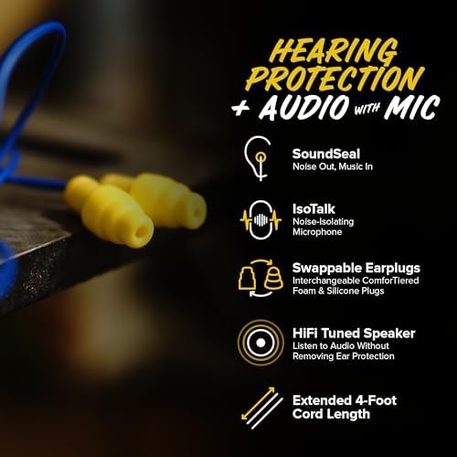 Plugfones Guardian Plus in-Ear Earplug Earbud Hybrid - Noise Reduction in-Ear Headphones with Noise Isolating Mic and Controls (Yellow & Blue)