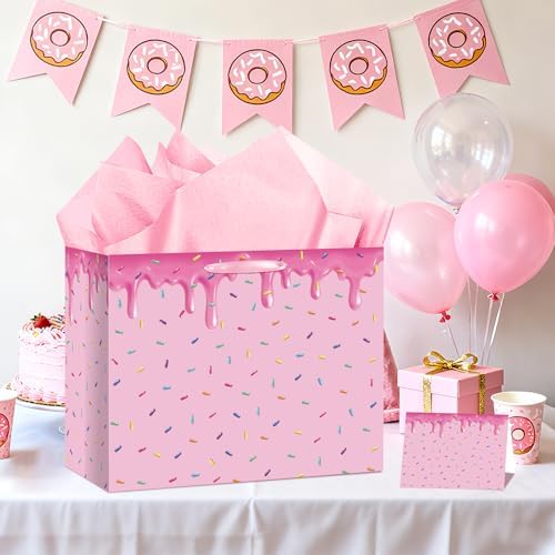 Yomaiha Ice Cream Gift Bag with Tissue Paper and Greeting Card, Ice Cream Party Favors Bag Donut Sprinkle Wrapping Paper Bag Party Favors Bag for Summer Dessert Birthday Baby Shower Party Supplies