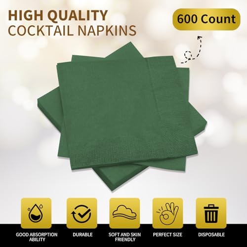 Cocktail Napkins - 600 Count 2-Ply Dark Green Napkins Disposable, 4.75 x 4.75 Inch Folded Paper Napkins Bulk Beverage Napkins for Dinner Wedding Bar Party and Everyday Use