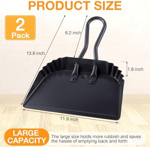 Mumufy 2 Pcs 12 Inch Heavy Duty Metal Dustpan, Stainless Steel Large Wide Dust Pans for Household, Handheld Scooper, Debris Cleaning Tool for Home Garage Studio Courtyard Indoor Outdoor(Black)