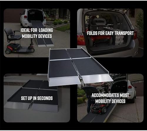 EZ-ACCESS Suitcase Trifold Portable Aluminum Folding Wheelchair Ramp with Non Slip Applied Surface, Self-Adjusting Bottom Transition Plates, Heavy Duty 800 lbs, for Home Steps & Doorways, 7-Foot