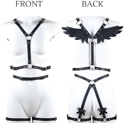 2 PCS Women's Body Chest Harness Belt with Angel Wings Sexy Adjustable Leather Body Caged Gothic Waist Harness Belts BDSM Black PU Bondage Leg Garter Roleplay Cosplay Halloween Party Clubwear