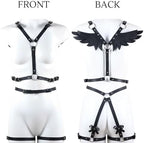 2 PCS Women's Body Chest Harness Belt with Angel Wings Sexy Adjustable Leather Body Caged Gothic Waist Harness Belts BDSM Black PU Bondage Leg Garter Roleplay Cosplay Halloween Party Clubwear