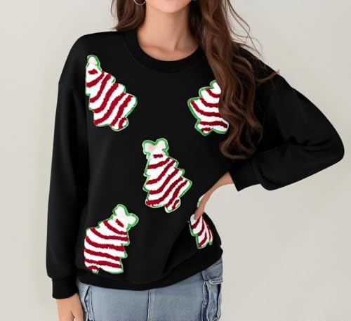 Aonoapll Women Sequin Christmas Sweatshirt Sparkly Santa Xmas Tree Shirt Long Sleeve Crew Neck Oversized Pullover Top