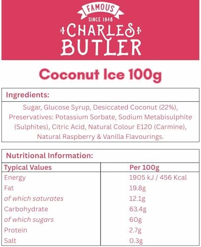 Charles Butler Coconut Ice Candy 100g (3.5 Oz) - Handmade Pink & White Coconut Sweets | Chewy English Treat | Old Fashioned British Candy Gift Box | Traditional UK Confectionery from England
