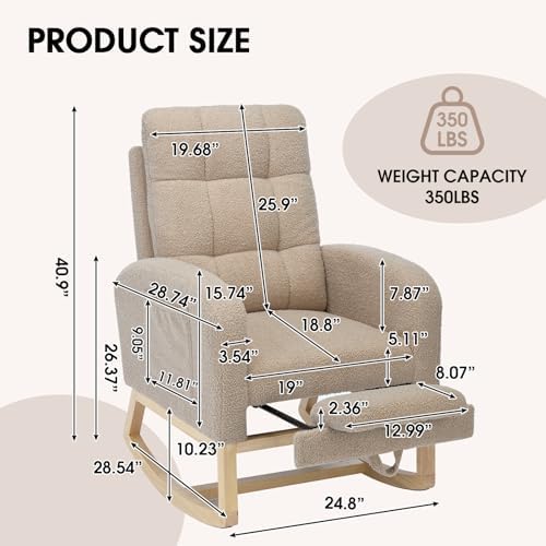 NIOIIKIT Modern Nursery Rocking Chair, Teddy Upholstered Rocking Chair with Footrest, Comfortable Rocker Chair with Side Pocket, Rocker Chair for Living Room, Bedroom, Nursing Room (Brown)