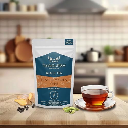 TeaNOURISH Ginger Masala Chai Tea | Assam CTC Loose Black Tea | Blended with Authentic Indian Spices | Indian Ginger Tea | 100% NATURAL INGREDIENTS - 3.53oz/100g