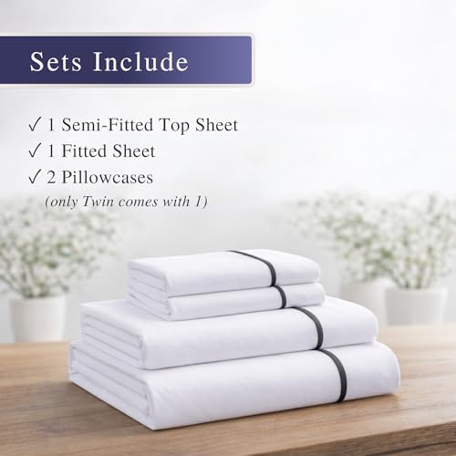 Sheets - Queen Sheet Set | 4-Piece Organic Cotton Percale, 1 Semi-Fitted No-Tuck Top Sheet, 1 Fitted Sheet & 2 Pillowcases | Easy Bed Making, Adjustable Bed | White/Charcoal Trim