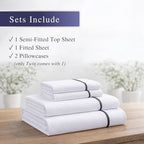 Sheets - Queen Sheet Set | 4-Piece Organic Cotton Percale, 1 Semi-Fitted No-Tuck Top Sheet, 1 Fitted Sheet & 2 Pillowcases | Easy Bed Making, Adjustable Bed | White/Charcoal Trim