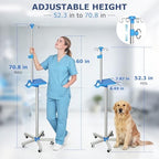 Adjustable IV Pole Portable Stand with Wheels, 52.3" to 70.8" Stainless Steel IV Stand with Tray and 4 Hooks, 5-Wheel Base