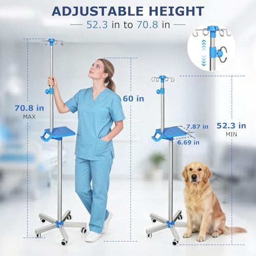 Adjustable IV Pole Portable Stand with Wheels, 52.3" to 70.8" Stainless Steel IV Stand with Tray and 4 Hooks, 5-Wheel Base