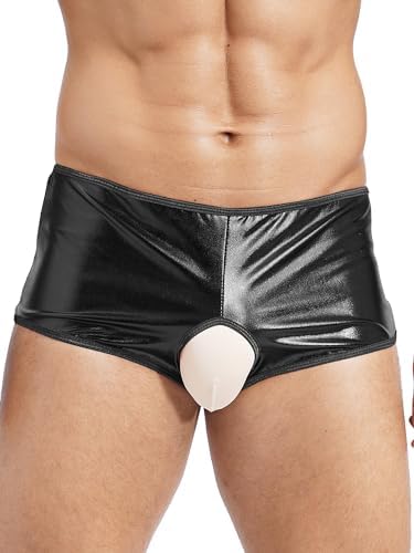 Lejafay Men's Sexy Faux Leather Open Pants Shorts Stretch Tight Jockstraps Boxer Shorts Boyshorts