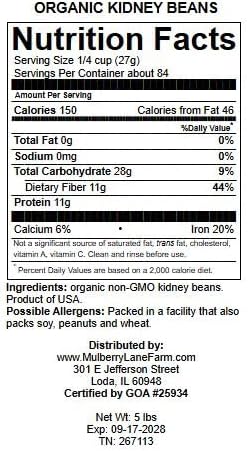 Kidney Beans, Dark Red, 5 Pounds Dried, USDA Certified Organic, Non-GMO Bulk, Product of USA, Mulberry Lane Farms