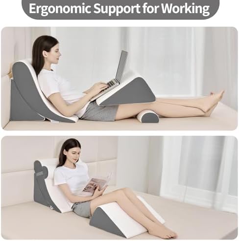 4PCS Orthopedic Bed Wedge Pillow Set for Post Surgery & Pain Relief, Adjustable Wedge Pillow for Back,Acid Reflux,Sitting up in Bed,Recovery,Snoring,Body Pillow for Sleeping (White/Dark Grey)