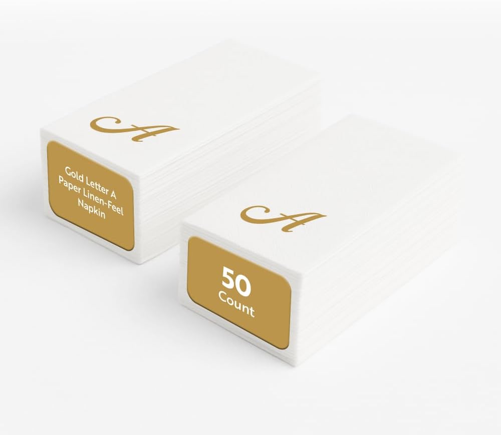 Luxenap 15.8 X 7.9 Inch Linen-Feel Guest Towels, 50 Lettered Hand Towels - Gold Letter 'A', Cursive Font, White Paper Dinner Napkins, airlaid, For Restrooms And Tables - Restaurantware
