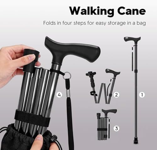 Foldable Walking Cane for Men & Women, Lightweight Aluminum Adjustable Cane with Ergonomic Handle, Non-Slip Rubber Base, Walking Sticks for Seniors Balance,Collapsible Cane for Assistance Travel