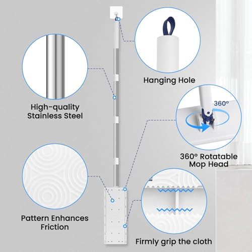 Snap Grip Mini Mop with 6 Washable Pads, Dust Mop Household Items for Wall Window Ceiling, Lazy Dry Wet Mops for Floor Cleaning for Home Kitchen Bathroom, Zero-Touch Flat Floor Mops with 47" Handle