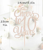 Cheers to 10 Years Cake Topper - Rose Gold Glitter Children's 10th Birthday Cake Decorating Supplies - Blessed 10 Years Wedding, Anniversary Party Decorations, Photo Booth Props