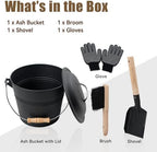 BRIAN & DANY Mini Ash Bucket with Lid and Shovel, 1.3 Gallon Fireplace Bucket with Broom, Ash Can for Fireplace, Ashes, Fire Pit, Wood Burning Stove