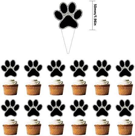 24 PCS Dog Paw Party Decoration, Single-side Black Glitter Puppy Paw Cupcake Toppers Puppy Dog Pet Theme for Baby Shower Boys Girls Birthday Party Cake Supplies (Black-silver)