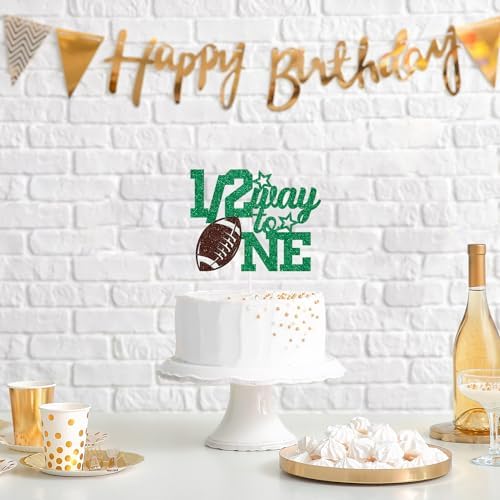 1/2 Way to One Cake Topper, 6 Months Birthday, American Football Theme 1/2 Birthday Party Decorations for Baby, Green & Brown Glitter