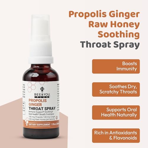 Bee and You Propolis Ginger Raw Honey Soothing Throat Spray, Ultra Pure, Immune Support Supplement, Oral Health, Antioxidants, Keto, Paleo, Gluten-Free, 1 Fl Oz
