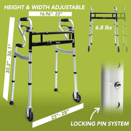 Darza R-Style Narrow Walkers with Storage Bag - Width Height Adjustable Walker, Lightweight Folding Walkers for Seniors Handicapped & Disabled, Up to 350 lbs