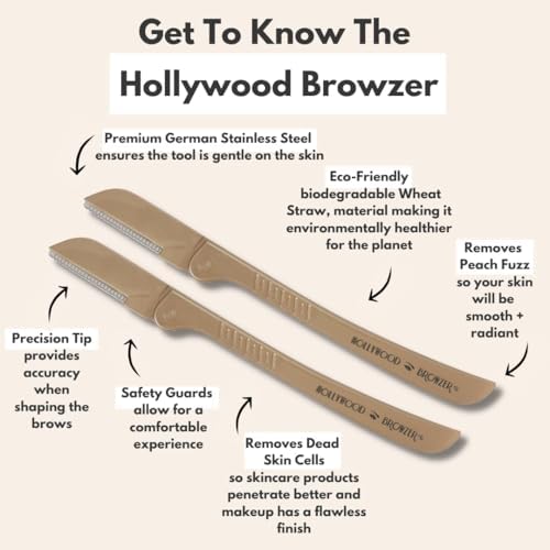 Hollywood Browzer Dermaplaning Face Razor for Women - Facial Hair Remover - Peach Fuzz - Eyebrow Shaper - Precision Blade Sensitive Skin Care for Upper Lip Chin -Travel Size Grooming Kit - Gold - 2 pc