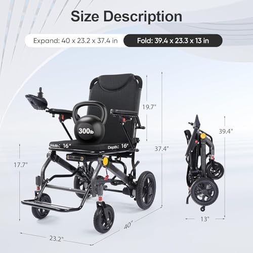 28-Mile Range 32lbs Lightweight Electric Wheelchair for Adults with Dual Batteries & Remote Control - Powerful Portable Folding Electric Wheelchair, Airline Approved for Travel & Home Use