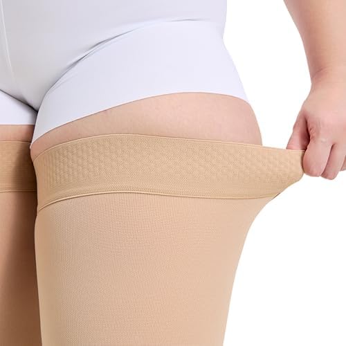 Plus Size 5XL Thigh High Compression Stockings Footless for Women & Men, Opaque Support Hose, 20-30mmHg Firm Graduated Compression Sock with Silicone Band for Varicose Veins, Edema, DVT, 1 Pair Beige