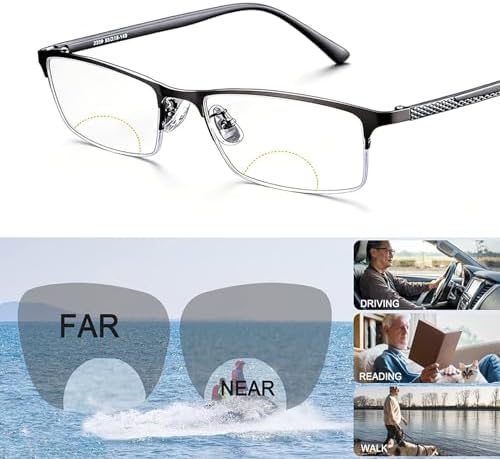 Intelligent Dual Focus Reading Glasses, Photochromic Presbyopia Readers, Men Classic Rectangle Sunglasses 1.0 2.0 3.0