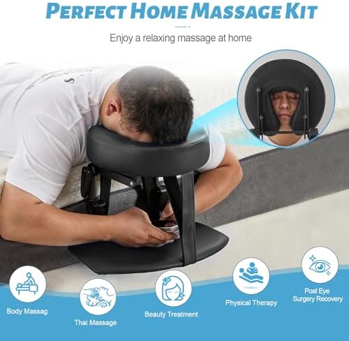 Massage Headrest for Bed, Adjustable Massage Face Cradle at Home, Portable Bed Massage Head Holder, Massage Table Head Rest for Salon Spa, Face Down Pillow After Eye Surgery, Black with Armrest