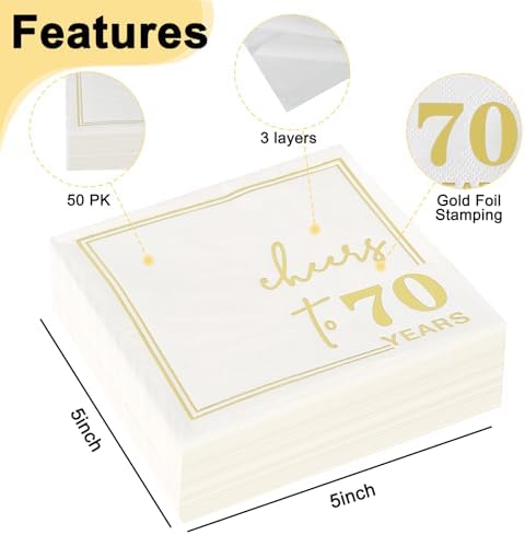 Ottin White Gold Cheers to 70 Years Cocktail Paper Napkins, 5x5 Inches, 50 Counts, 3-Ply Disposable Party Napkins for 70th Birthdays Decorations, Anniversaries, Weddings, Indoor & Outdoor Celebrations