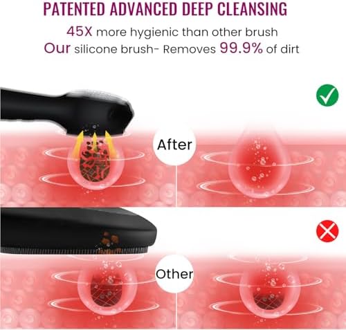 Silicone Face Scrubber Exfoliator Electric for Men Women, Rechargeable Facial Cleansing Brush with Wireless Charging Dock, Waterproof Sonic Vibrating Face Scrub Brush Cleanser for Exfoliating, Black