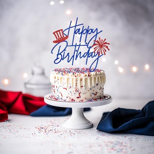 4th of July Happy Birthday Cake Topper, Patriotic Themed Birthday Cake Topper, American National Memorial Day Independence Day Patriotic Birthday Party Decorations, Blue and Red Glitter