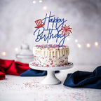 4th of July Happy Birthday Cake Topper, Patriotic Themed Birthday Cake Topper, American National Memorial Day Independence Day Patriotic Birthday Party Decorations, Blue and Red Glitter