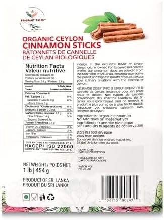 Premium Organic Ceylon Cinnamon Sticks - 1 LB (454g), True Ceylon, USDA Certified, Non-GMO, Gluten-Free, Pure Sri Lankan Cinnamon for Cooking & Baking