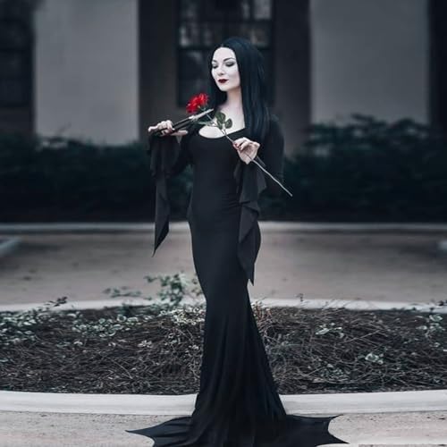 YOGFIT Costumes for Morticia Long Black Gothic Bat Sleeve Dress Halloween Cosplay Costumes for Women