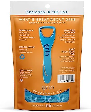 GRIN Tongue Cleaner, 32 Count, Disposable Tongue Cleaner, Hygienic Scraper, Recycled Plastic, Clean Tongue, Promote Fresh Breath, Includes Safe Fold- Back Tooth Pick