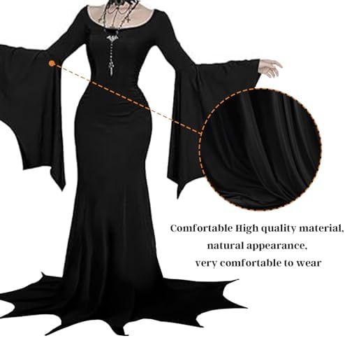 YOGFIT Costumes for Morticia Long Black Gothic Bat Sleeve Dress Halloween Cosplay Costumes for Women