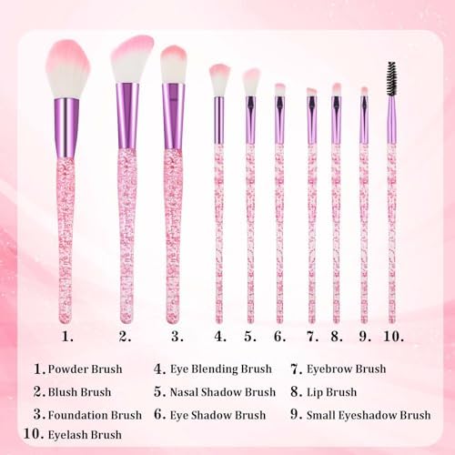 10 PCS Glitter Crystal Makeup Brush Set Cute Makeup Brushes Bling Professional Concealer Eye Shadow Eyeliner Blush Lip Blending Synthetic Brushes Tools Kit Face Cosmetics Blending Brushes for Women