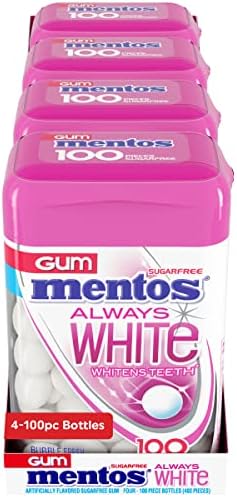 Mentos Always White Bubble Fresh Sugar Free Gum with Xylitol Sweetener, 100 Count Bottle, 4 Bottles