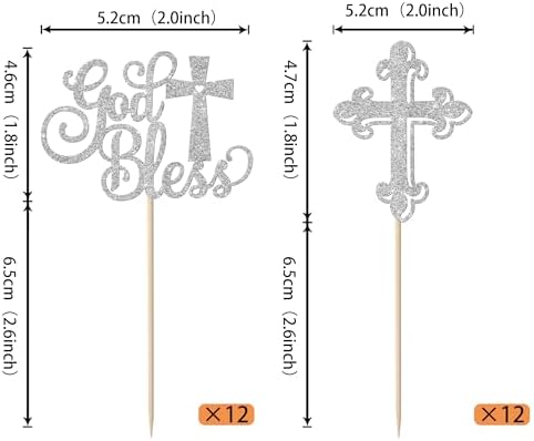 Rsstarxi 24 Pack Baptism Cupcake Toppers First Communion Cupcake Toppers Glitter Cross God Bless Cupcake Picks for Baby Shower Christian Baptism Party Cake Decorations Silver
