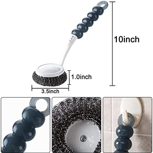Stainless Steel Wool Scrubber with Handle, Heavy Duty Pot & Dish Scrubber Cleaning Brush Wash for Dish, Stainless Steel Scrubbing Brushes Cleaning Supplies for Pots, Pans, Grills, Sink (3)