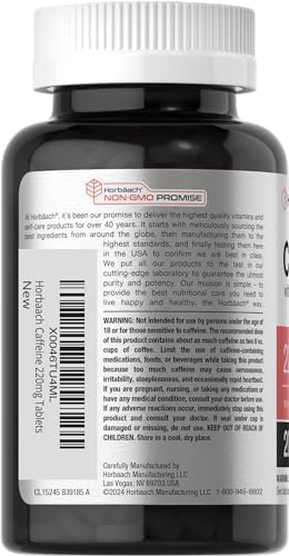 Horbäach Caffeine Pills 200mg | with Green Tea | 200 Tablets | Vegetarian, Non-GMO & Gluten Free