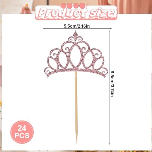 24Pcs Pink Crown Cupcake Toppers Glitter Queen Crown Cupcake Picks Princess Crown Cake Toppers for Queen Princess Theme Baby Shower Wedding Girls Birthday Party Cake Decorations Supplies(Pink)