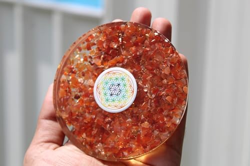 Jet Carnelian Orgone Tea Coaster Flower of Life Round 3.5 Inch Diameter Approx. 40 Page Crystal Therapy Booklet